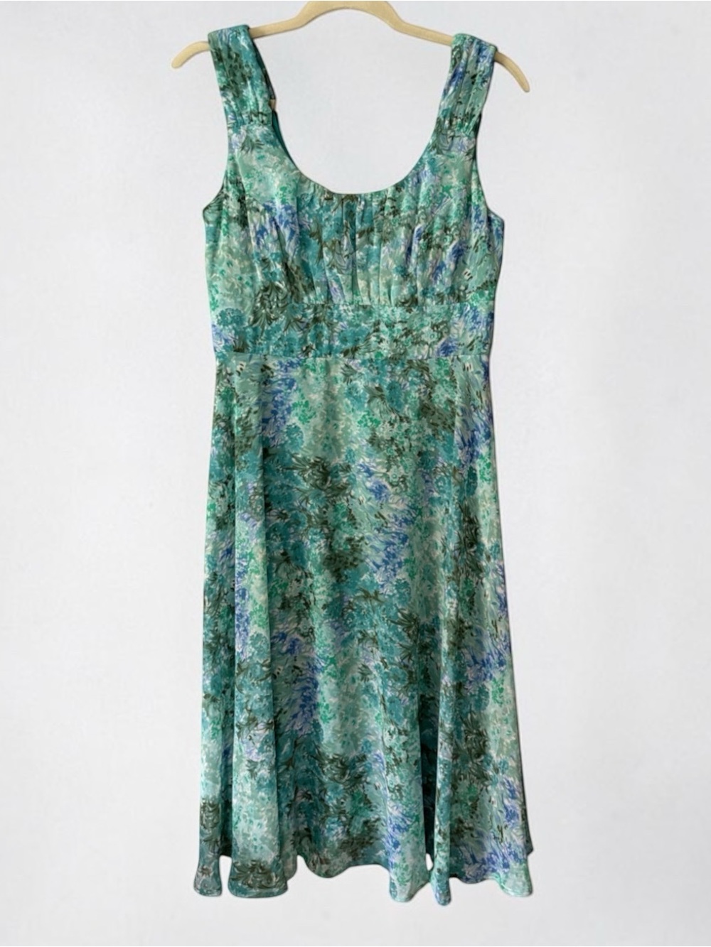 Connected Apparel Green Floral Watercolor Midi Dress Empire Waist A-Line Size 6